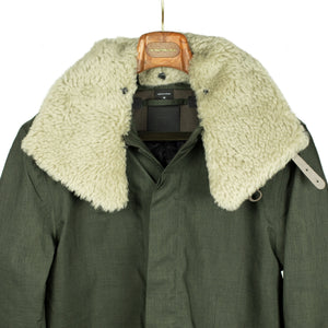 Limited edition army green & dark olive herringbone Moscow raincoat with shearling collar & Arctic padded lining