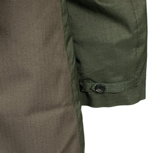 Limited edition army green & dark olive herringbone Moscow raincoat with shearling collar & Arctic padded lining