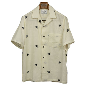 Philly camp collar shirt in ecru gauzy cotton with black embroideries