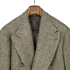 x Sartoria Carrara: Ulster double-breasted coat in grey and cream herringbone undyed wool
