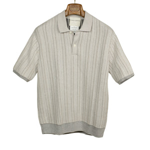 Mobil knit polo shirt in Dust white and greige striped ribbed cotton