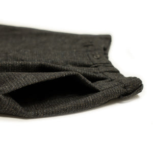 "Combing" easy pants in charcoal, brown and black "Donegal" grid wool