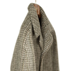 Dolman overcoat in "Foggy" grey, black and olive checked mohair mix