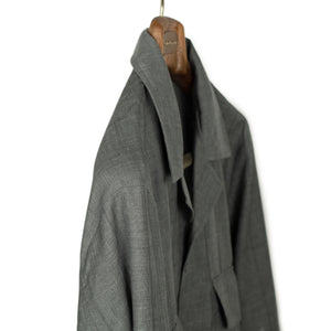 x No Man Walks Alone: Long sleeve camp shirt in deadstock grey striped wool, linen, silk