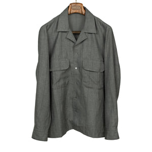 x No Man Walks Alone: Long sleeve camp shirt in deadstock grey striped wool, linen, silk