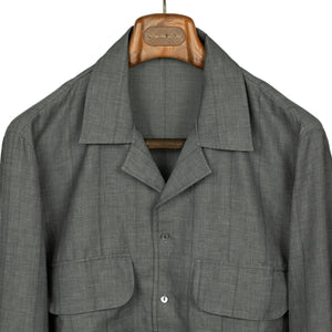 x No Man Walks Alone: Long sleeve camp shirt in deadstock grey striped wool, linen, silk