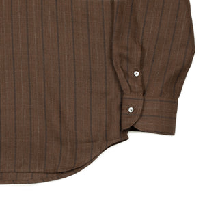 x No Man Walks Alone: Spread collar shirt in deadstock chocolate multistripe linen mix herringbone