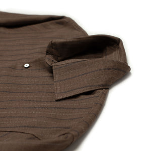 x No Man Walks Alone: Spread collar shirt in deadstock chocolate multistripe linen mix herringbone