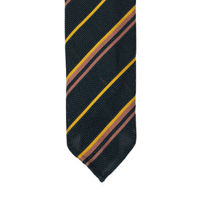 Navy silk grenadine tie, pink and gold stripes