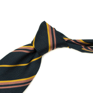 Navy silk grenadine tie, pink and gold stripes