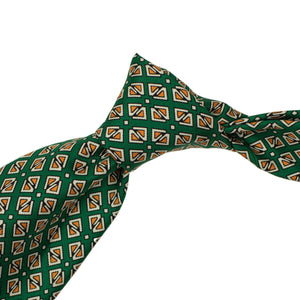 Green silk foulard tie with orange retro diamond neat print