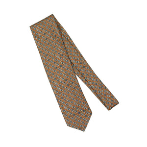Tan silk foulard tie with blue retro diamond neat print