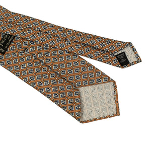 Tan silk foulard tie with blue retro diamond neat print
