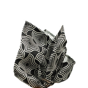 Black hand-printed silk pocket square, large retro geometric print