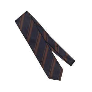 Navy silk twill tie with copper brown jacquard stripes