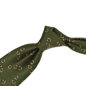 Dark olive silk tie, retro squares print