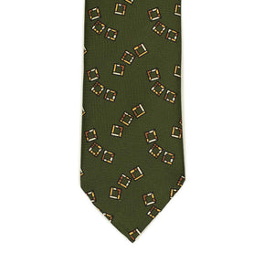 Dark olive silk tie, retro squares print