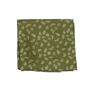 Hand-printed silk pocket square, olive with retro geometric print