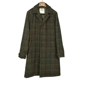 Raglan Milano overcoat in olive and rust Harris Tweed  wool plaid
