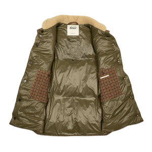 Down-filled vest in beige and brown lambswool gunclub check