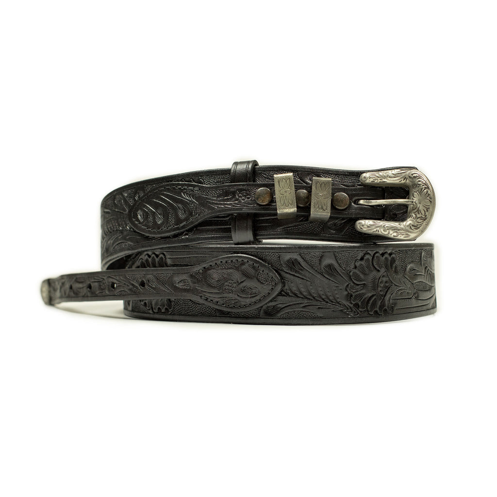 Wythe Hand tooled ranger belt in black leather – No Man Walks Alone