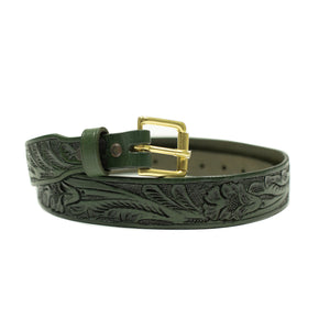 Hand tooled leather belt in emerald green