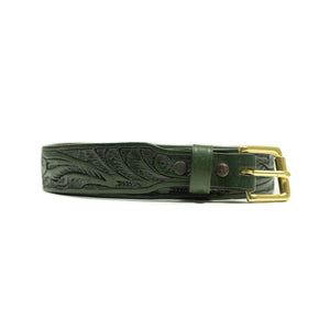 Hand tooled leather belt in emerald green