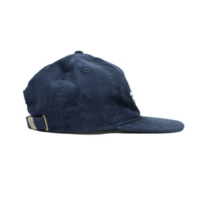 Corduroy cap in navy with racing flag chainstitched embroidery
