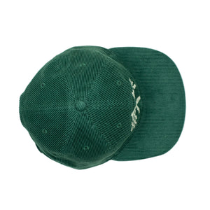 Corduroy cap in green with racing flag chainstitched embroidery