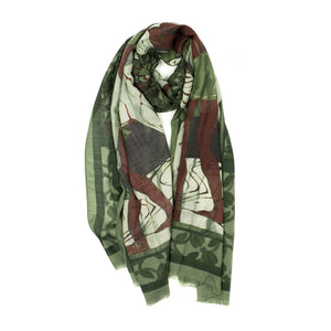 Exclusive Nouveau Nights scarf in pine and raspberry wool and silk