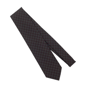 Brown wool challis tie, blue & grey neat print