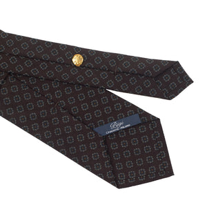 Brown wool challis tie, blue & grey neat print