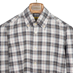 Grey, blue & maroon checked cotton flannel shirt, buttoned collar