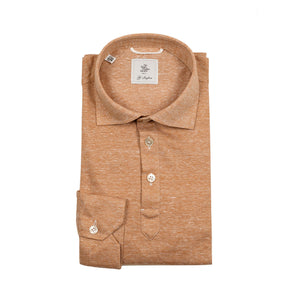 Cotton & linen pique long-sleeve polo shirt, Tangerine