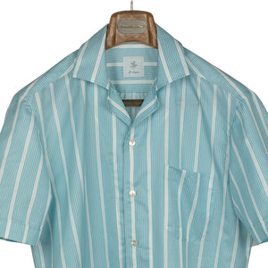 Camp collar short shirt sleeve shirt, Teal retro stripe