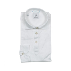 Cotton & linen pique long-sleeve polo shirt, white (restock)