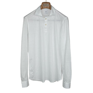 Cotton & linen pique long-sleeve polo shirt, white (restock)