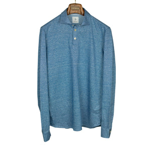 Cotton & linen pique long-sleeve polo shirt, denim blue (restock)