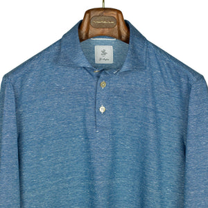 G. Inglese Cotton & linen pique long-sleeve polo shirt, Denim blue
