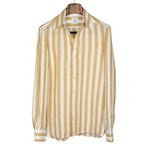 G. Inglese Gold wide stripe linen shirt, Anacapri buttoned collar, buttoned one-piece collar