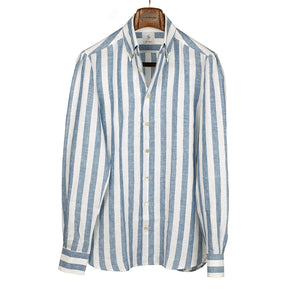 Blue wide stripe linen shirt, Anacapri buttoned one-piece collar (restock)
