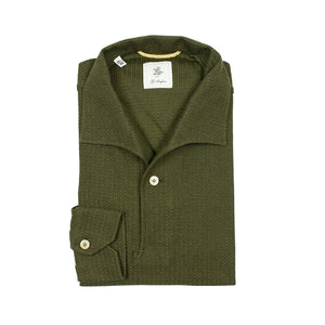Green grenadine-knit cotton long-sleeve polo shirt, one-piece collar  (restock)