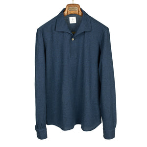 G. Inglese Navy melange grenadine-knit cotton long-sleeve polo shirt, one-piece collar