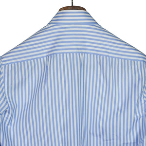 Hand-sewn light blue Bengal stripe Alumo cotton shirt, spread collar