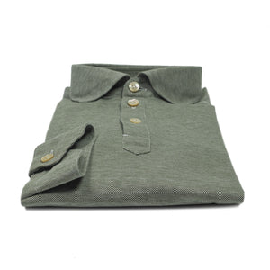 Mixed olive cotton pique long sleeve polo shirt, soft collar