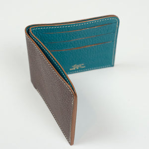 Soft double billfold wallet, Teck bown goatskin with turquoise goatskin lining