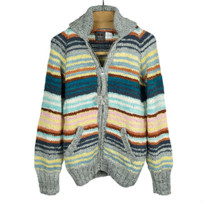 Monitaly Chamula handknit cowichan style zipped cardigan in multicolor striped Merino wool