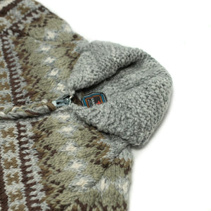 Chamula handknit cowichan style zipped cardigan in pearl grey Fairisle Merino wool