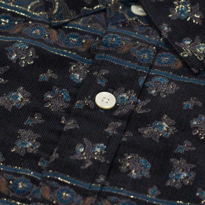 Hombre shirt in navy, blue, and gold floral print micro-corduroy
