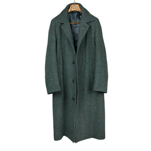 Belted balmacaan coat in handloomed Donegal blue-green herringbone tweed